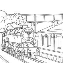 Old steam train getting in the train station coloring page