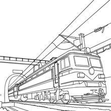 Old electric train leaving a tunnel coloring page