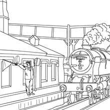 Train station agent whistling the old train departure coloring page
