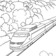 High speed rail travelling in a mountain landscape coloring page