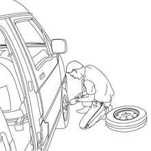 Man changing the wheel coloring page - Coloring page - TRANSPORTATION coloring pages - CAR coloring pages