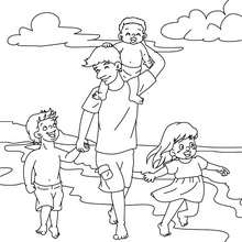 Father with kids on the beach coloring page