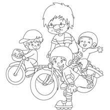Daddy teaching kids to ride a bike coloring page
