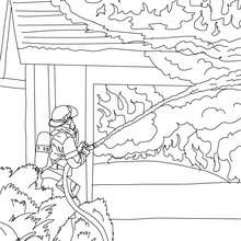 Fireman extinguishes fire coloring page