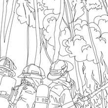 Firemen fighting tree fire coloring page