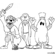 Kids with Halloween costumes coloring page