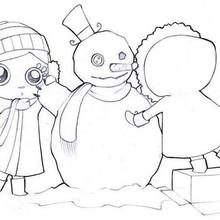 Girls make a snowman coloring page