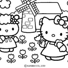 HELLO KITTY picking the flowers coloring page