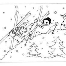 Snowman is skiing with Santa coloring page
