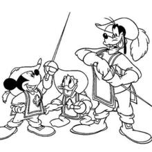 Sword fight between Mickey Mouse, Donald Duck and Goofy Goof coloring page