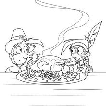 Turkey, corn, Pilgrim and Native American coloring page