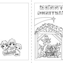 Christmas card stars and creche coloring page