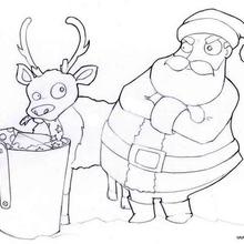 Santa is feeding his reindeer coloring page