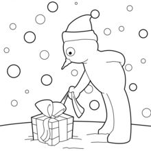 Snowman Opens His Christmas Gift coloring page