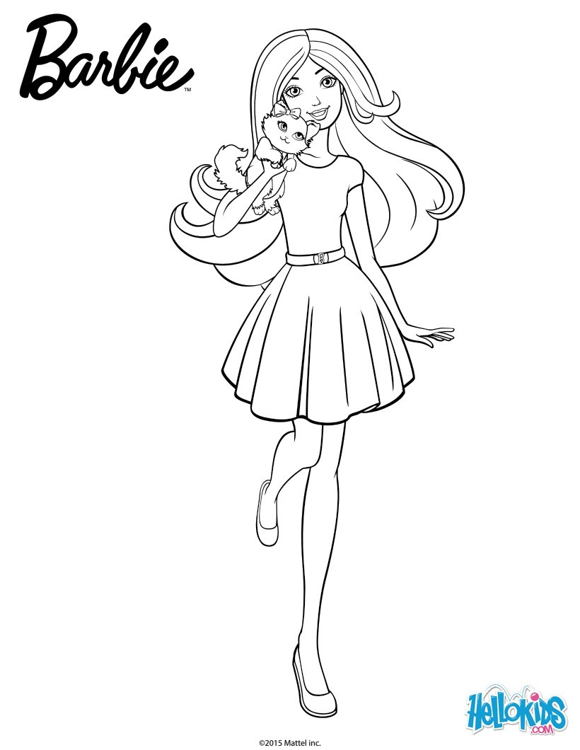 Barbie with her cuddly kitty coloring pages - Hellokids.com