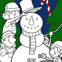 Elves building a snowman for Christmas coloring page