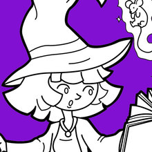 Little Halloween Witch practises magic coloring page