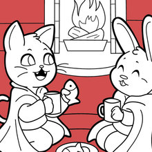 Cat and Rabbit drinking hot choco coloring page