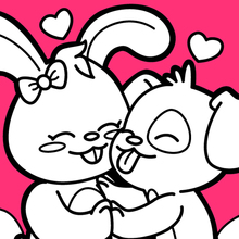 Dog and rabbit in love coloring page