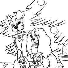 Lady and Tramp celebrating Christmas coloring page
