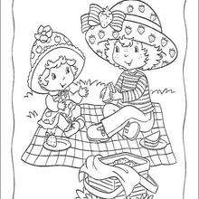 Strawberry Shortcake and Apple Dumplin having a picnic coloring page