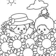 Monchhichi Friends and sunflowers coloring page