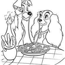 Lady and Tramp having a romantic dinner - Coloring page - DISNEY coloring pages - Lady and the Tramp coloring book pages