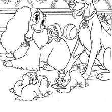 Lady and Tramp happy family - Coloring page - DISNEY coloring pages - Lady and the Tramp coloring book pages