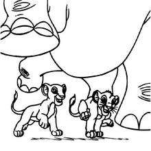 Lion cubs play with an elephant coloring page