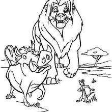 Simba,Timon and Pumbaa Walking the Pride Lands coloring page