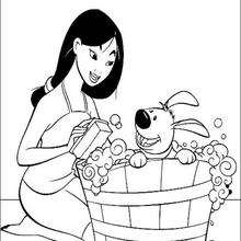 Mulan and her adorable puppy Little Brother coloring page